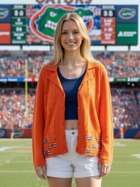 RARE Vintage Florida Gators Vibrant Orange Ribbed Knit Cardigan Sweater, Large